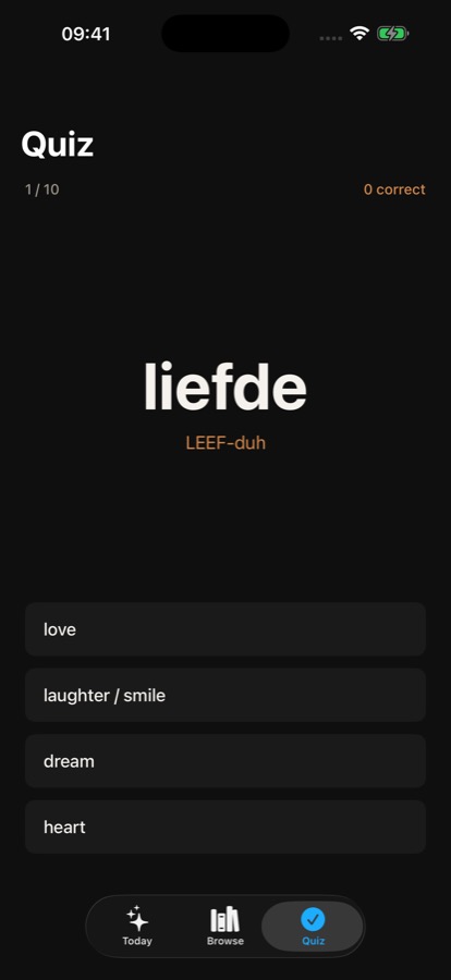 The quiz screen showing a Dutch word to check